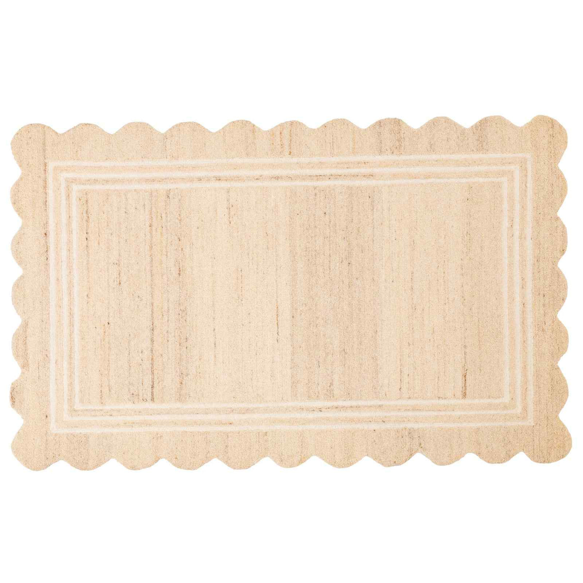 Full view of the Camille Hand-Tufted Wool Rug in cream with a scalloped edge and tonal rectangular border.