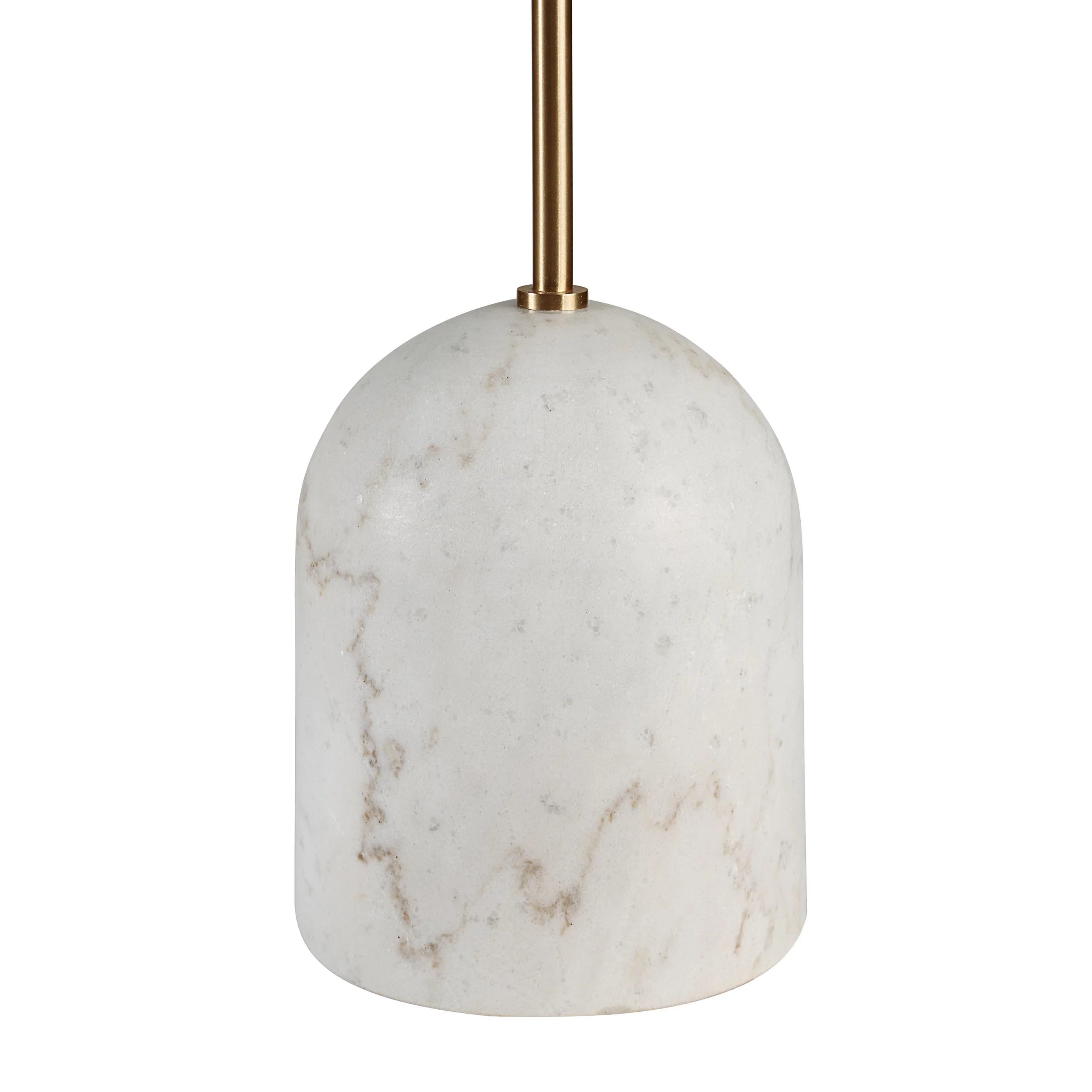 Detailed view of the Celine lamp highlighting the connection between the brushed brass stem and the textured white linen shade.