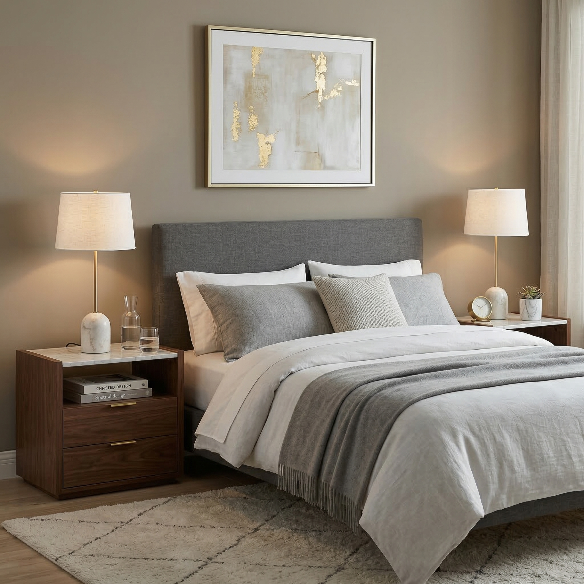 The Celine lamp set styled on walnut nightstands flanking a grey upholstered bed for an elegant bedroom lighting setup.