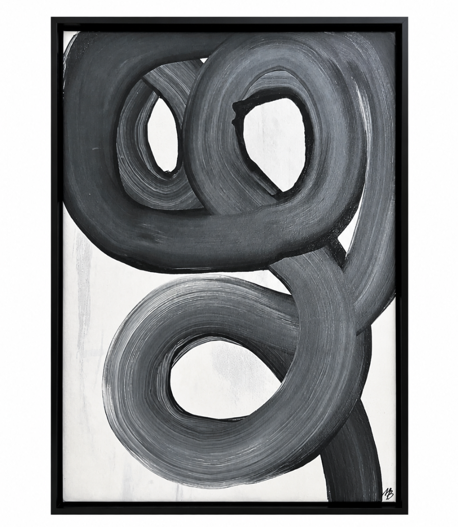 Black and white abstract art print with swirling patterns on a white background