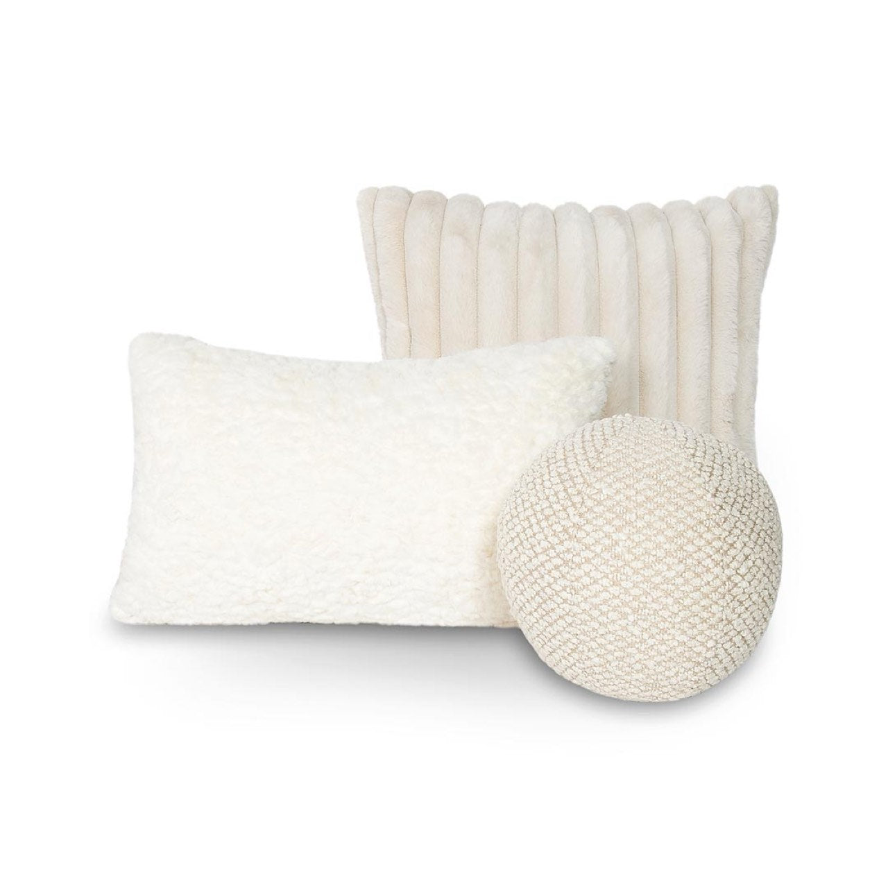 A set of three Cloudline decorative cushions including a ribbed faux fur square, a curly lumbar, and a spherical woven orb pillow.
