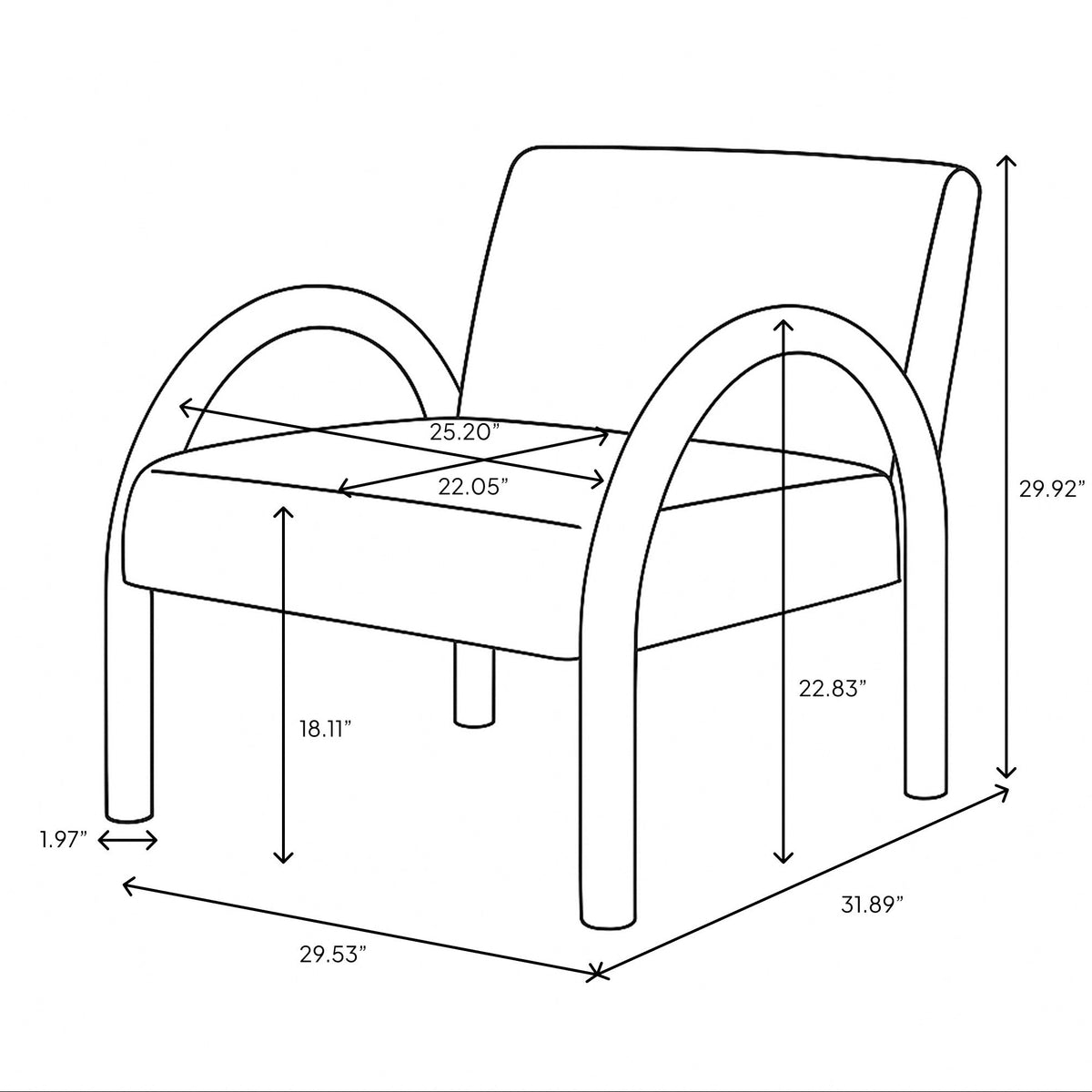 Technical line drawing of the Coco Faux Fur Chair showing height, width, and seat depth measurements for interior planning.