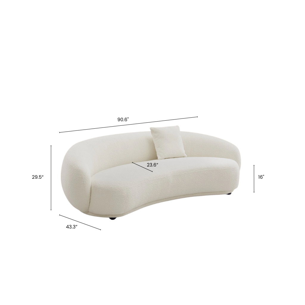 Contour bliss bouclé sofa with dimension on a white background.