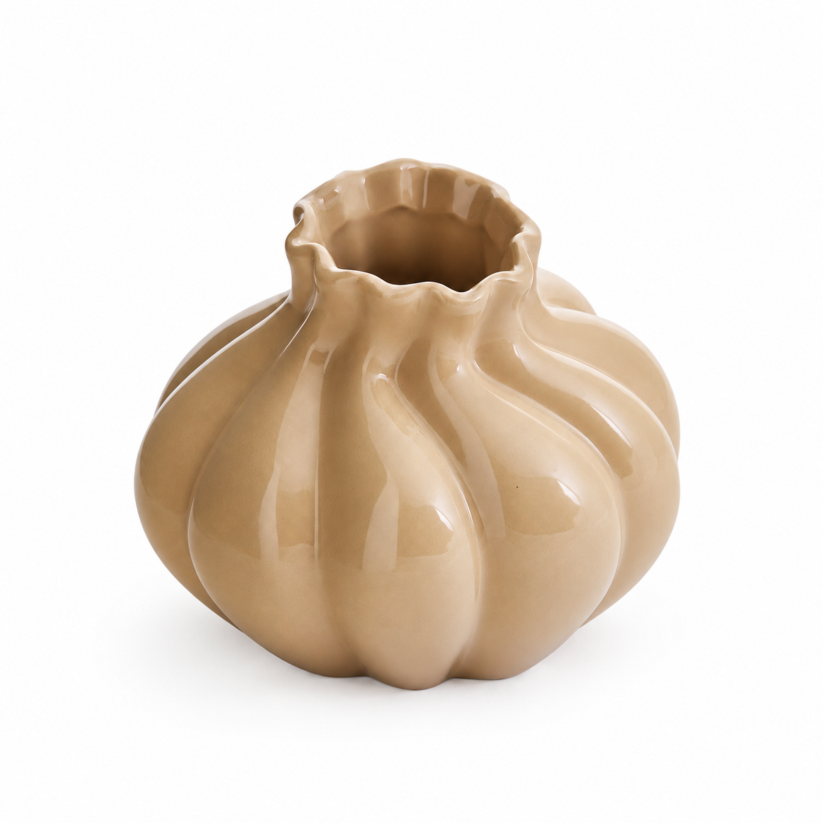 Coralie sculpted beige ceramic vase with a fluted body and irregular rim
