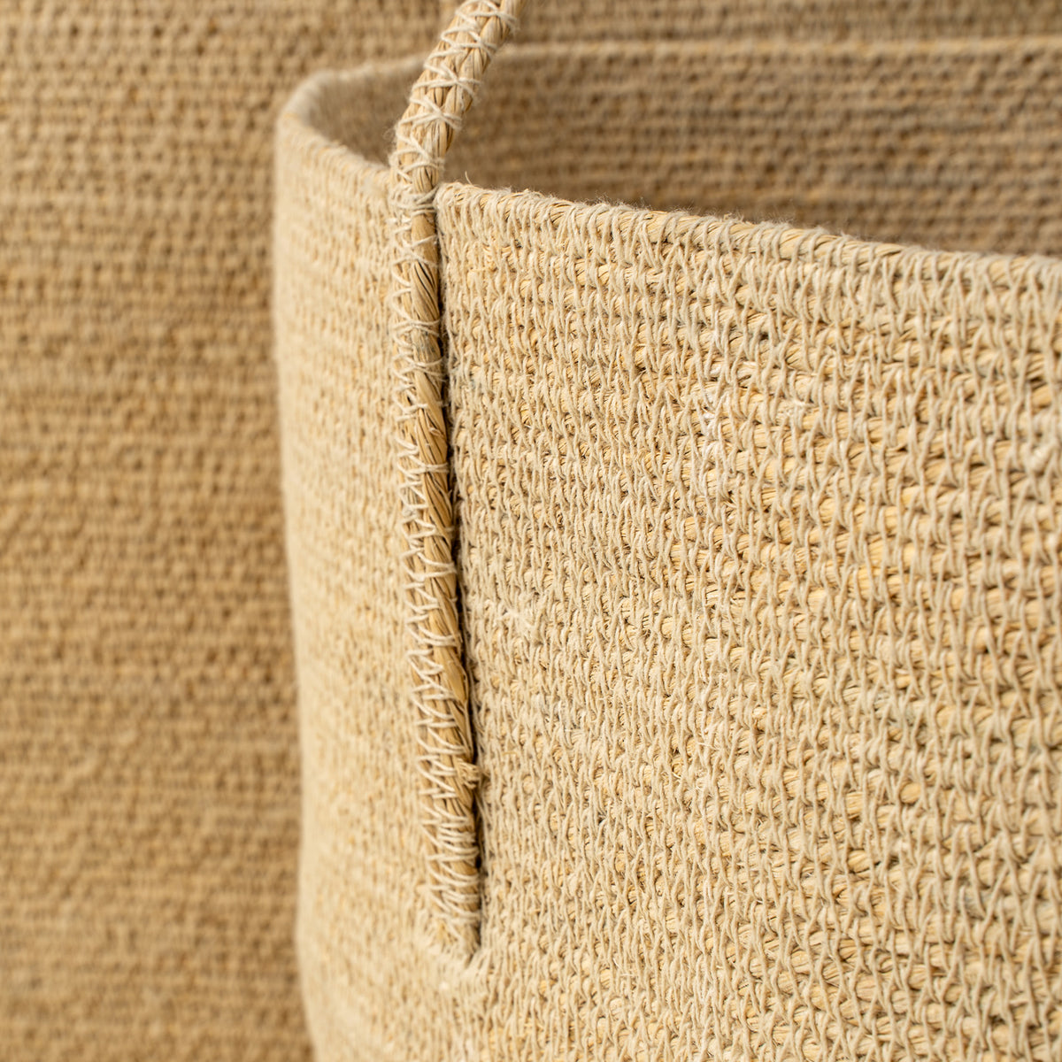 Close-up of a woven basket with natural fiber texture