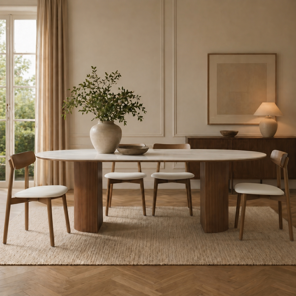 Crescent Grove Dining Table styled in a warm contemporary dining room