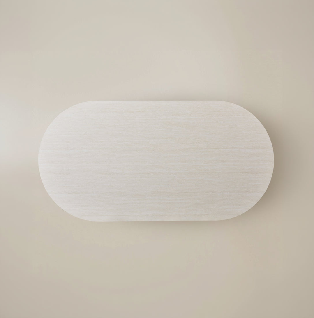 Travertine-inspired pattern of the Crescent Grove sintered stone tabletop