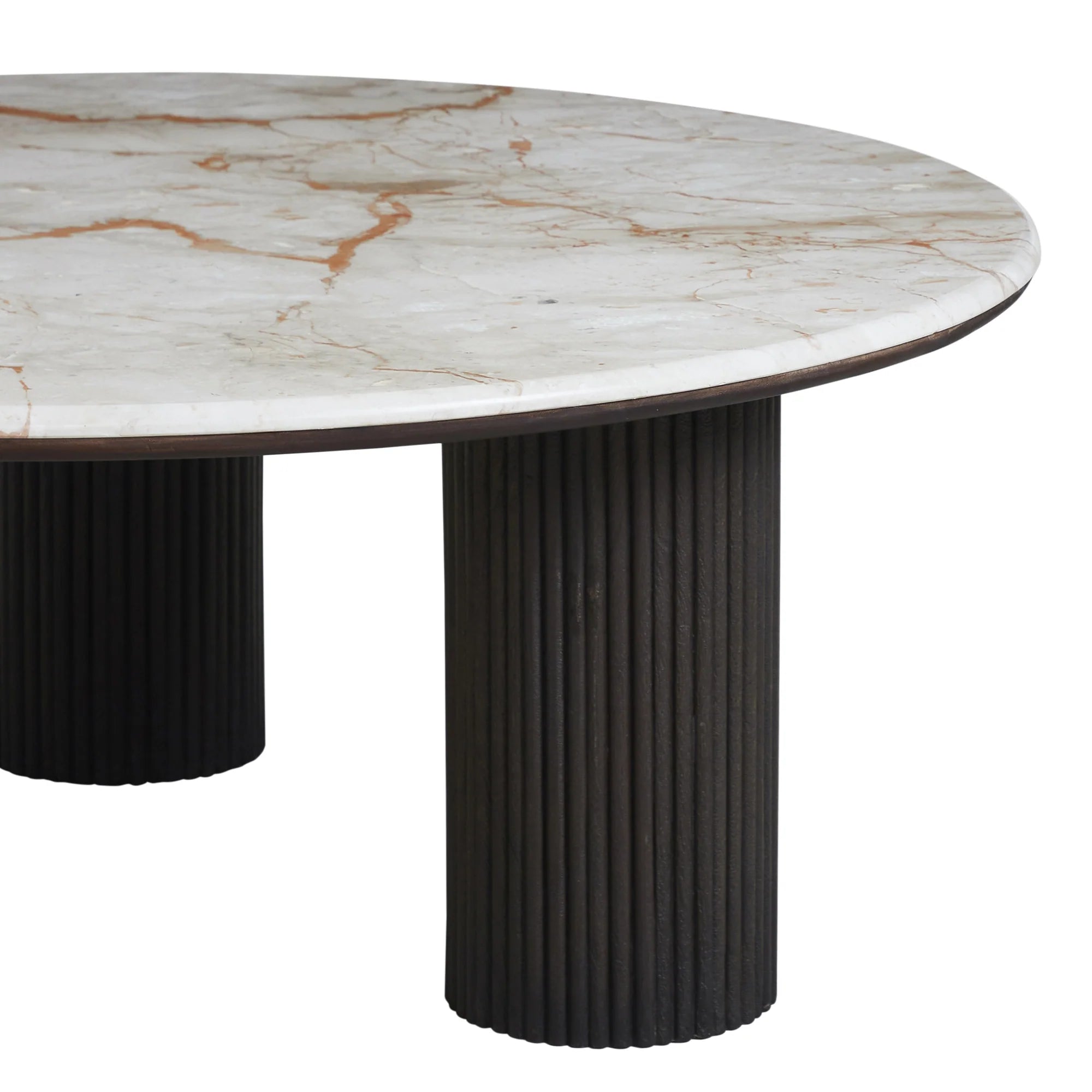 Round marble table with a white and brown pattern on a white background