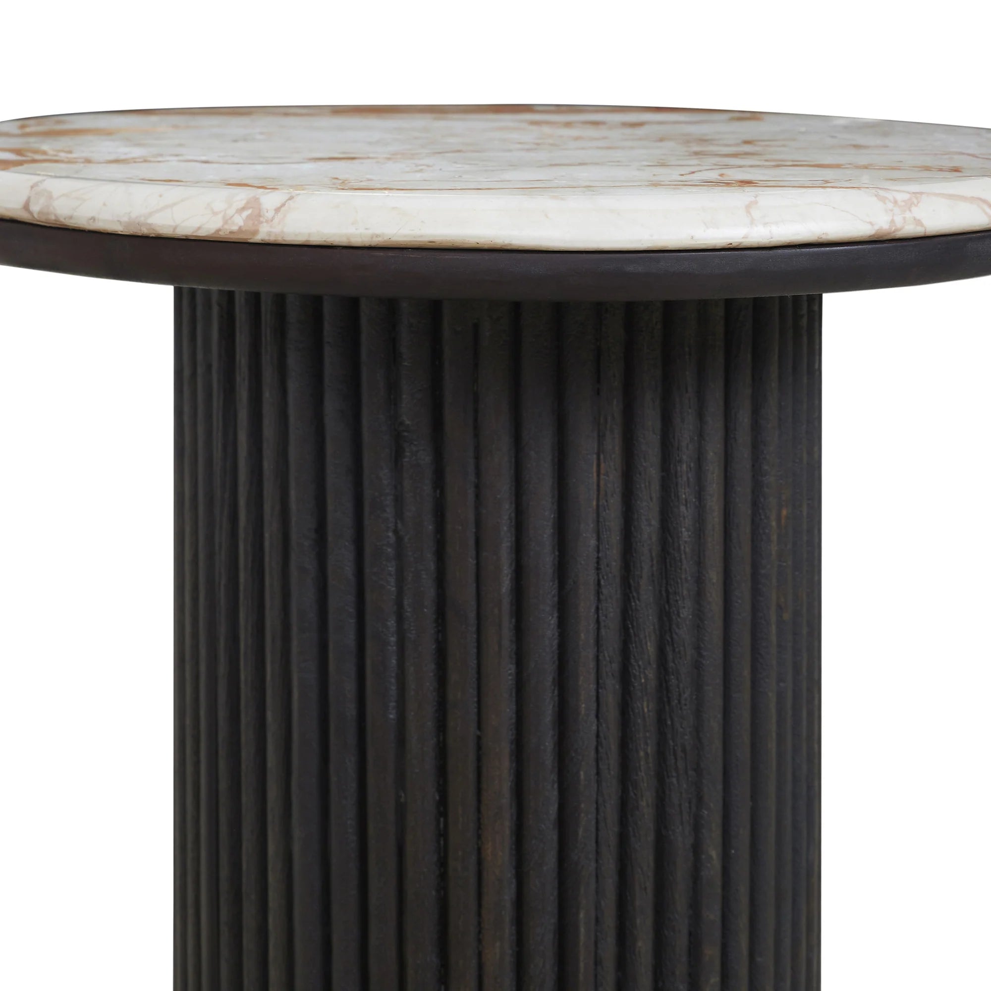 Round table with marble top and dark ribbed base on a white background