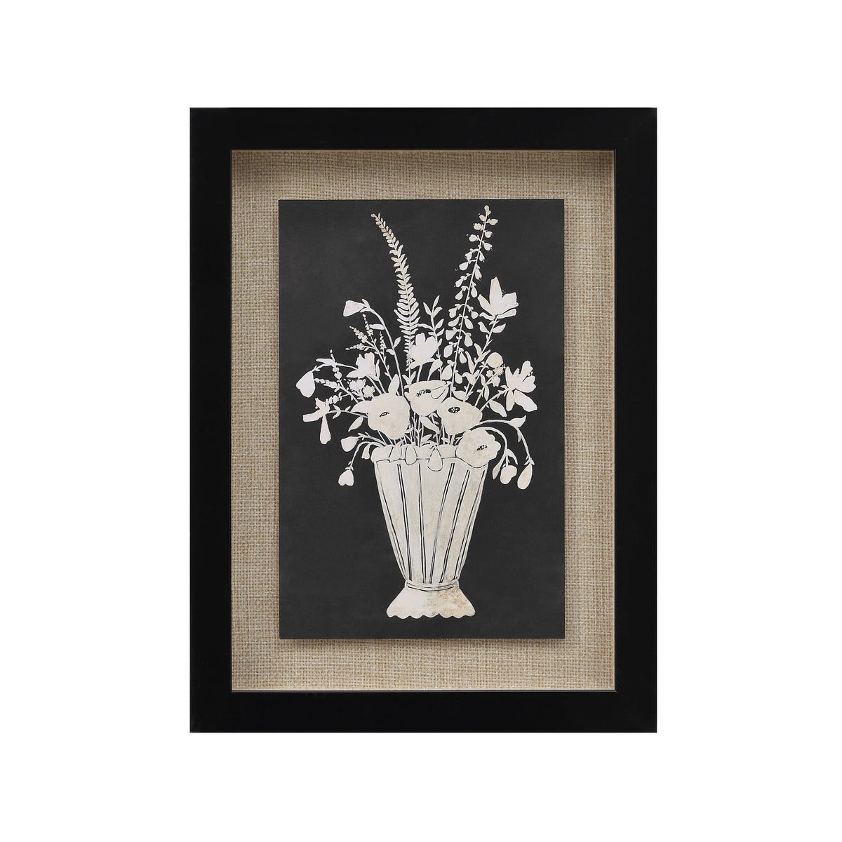 Full front view of the Daphne botanical wall art featuring white flowers in a vase on a dark background in a black frame.