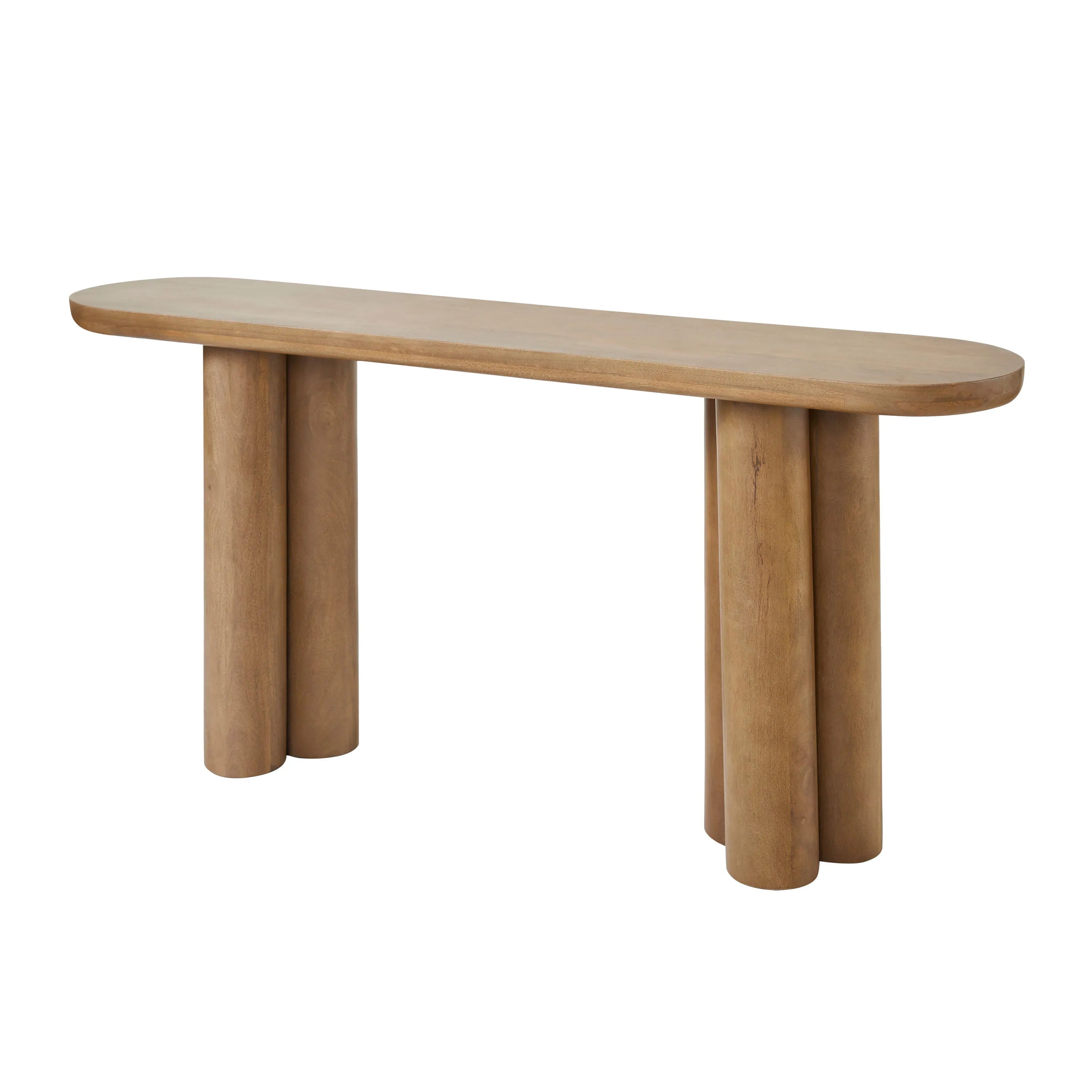 Angled view of the Daro natural wood console table, showcasing the structural triple-dowell leg design.