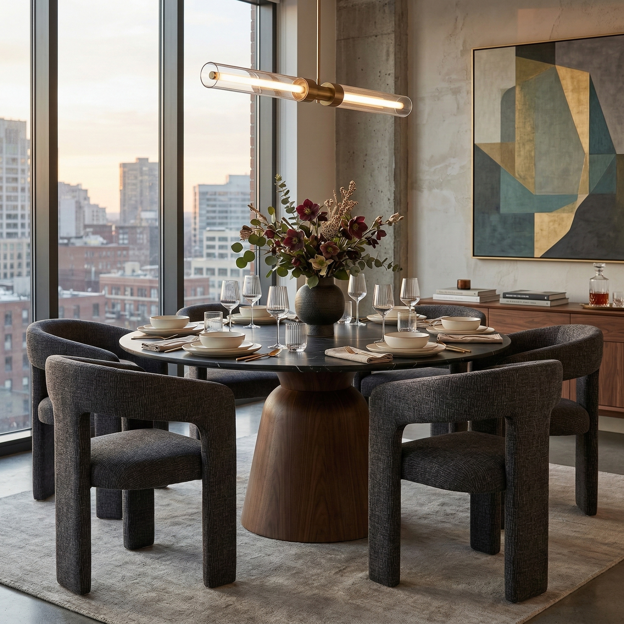Six dark grey upholstered Archway dining chairs styled around a large round marble and wood dining table in a modern dining room with city views.
