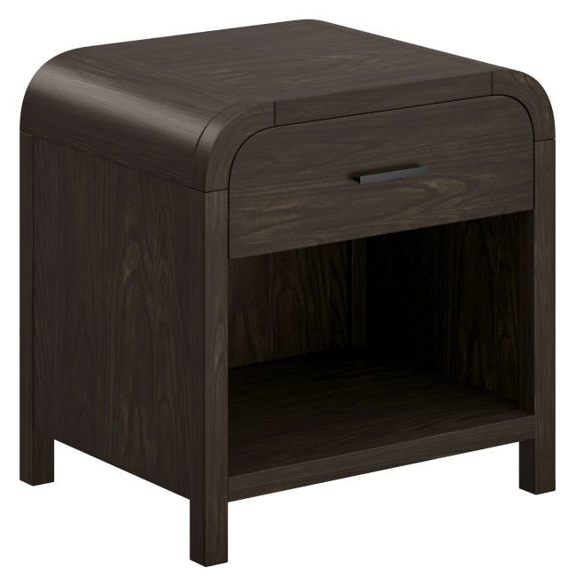 Angled view of the dark walnut Eamon Nightstand showing its rounded waterfall edges