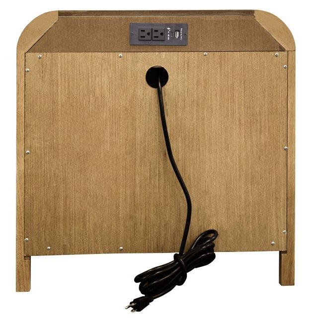 Back view of the natural oak Eamon Nightstand showing the built-in charging station