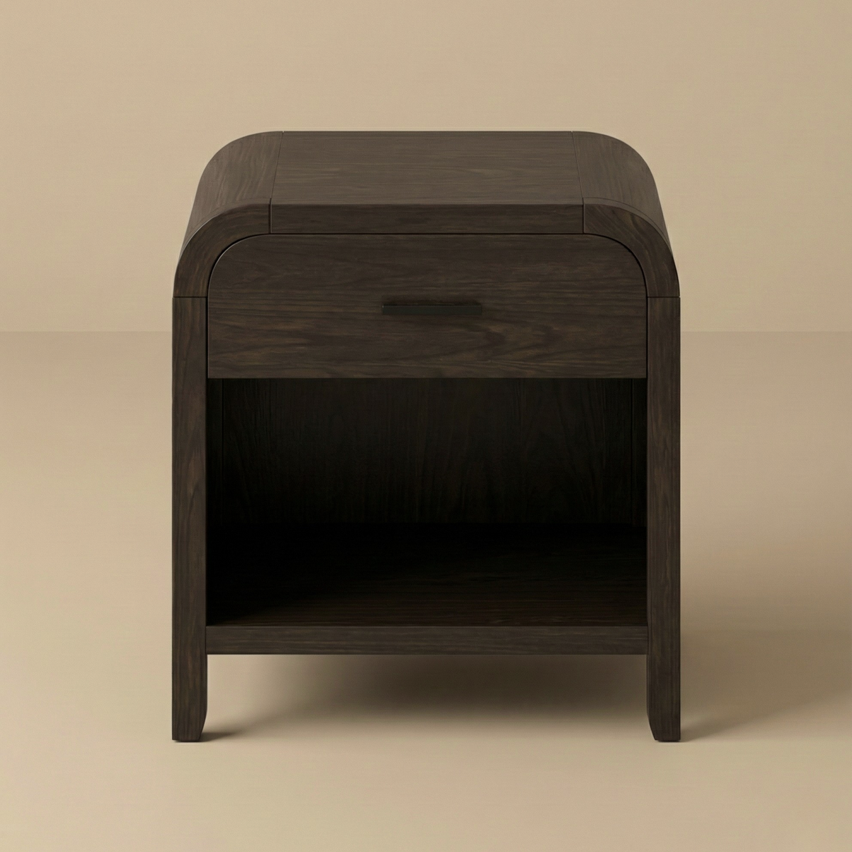 Full front view of the Eamon dark wood nightstand featuring a single drawer with a black pull and an open bottom shelf.