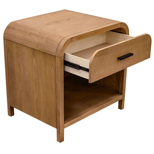 Angled view of the Eamon light wood nightstand with its smooth-gliding single drawer pulled open.