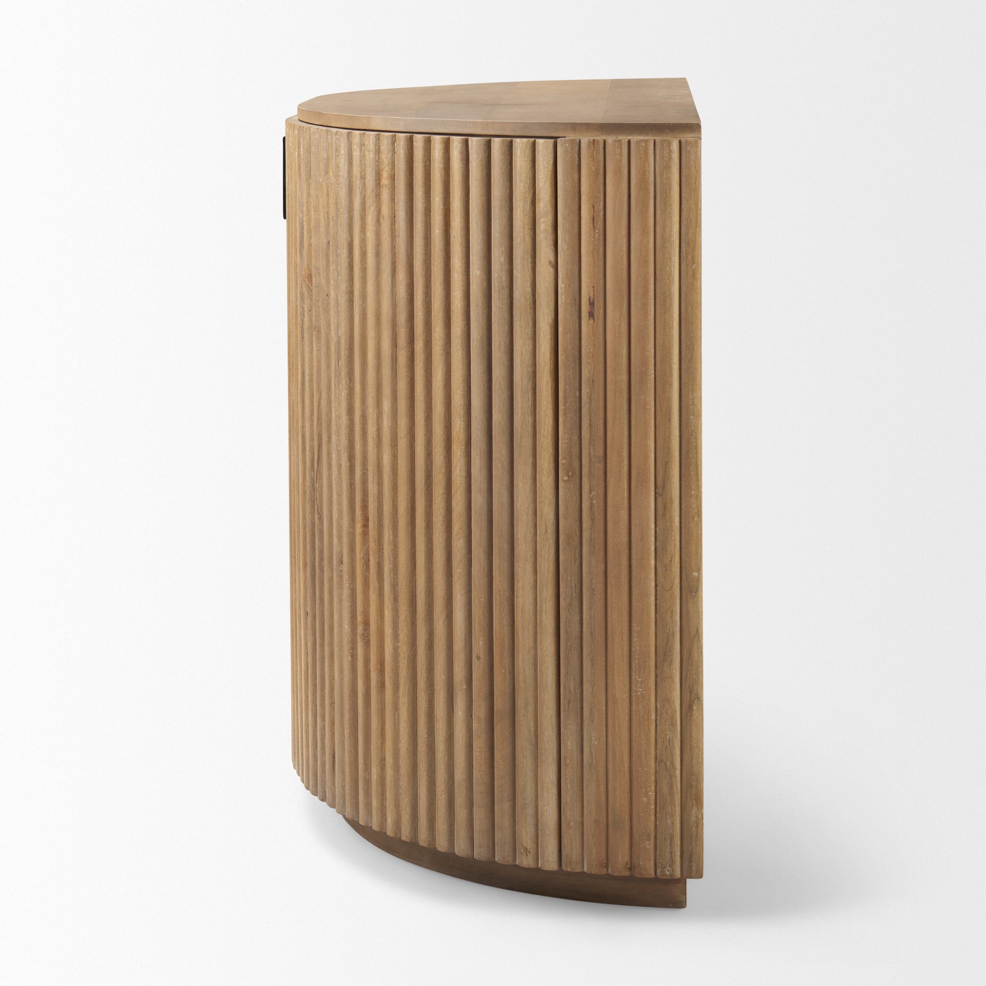 Side profile view of the Eleanor light wood fluted accent cabinet highlighting its elegant curved half-moon shape.