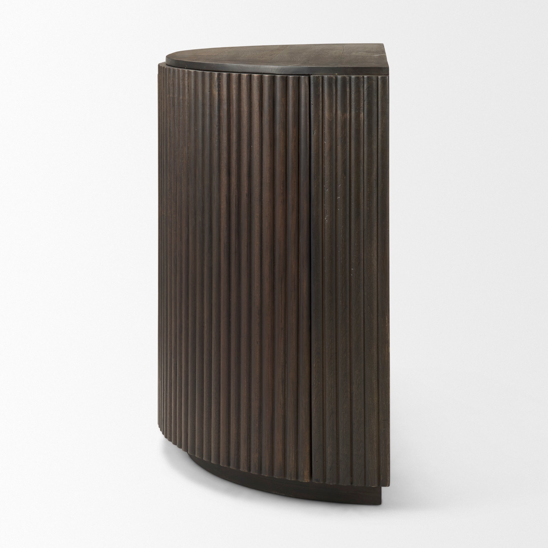 Side profile view of the Eleanor fluted accent cabinet highlighting its elegant curved half-moon shape.