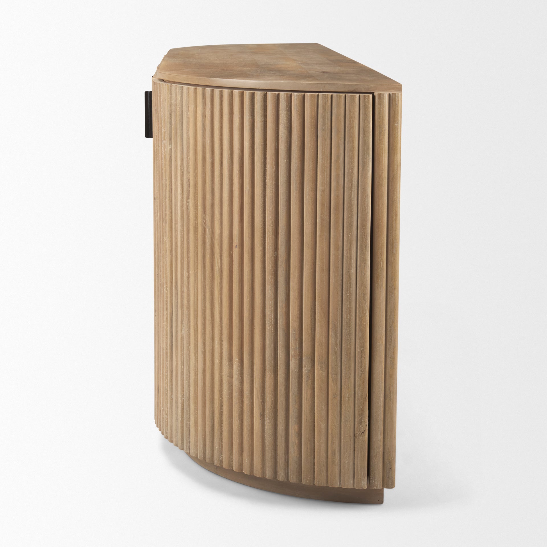 Side profile view of the Eleanor fluted sideboard emphasizing its elegant curved ends and natural wood finish.