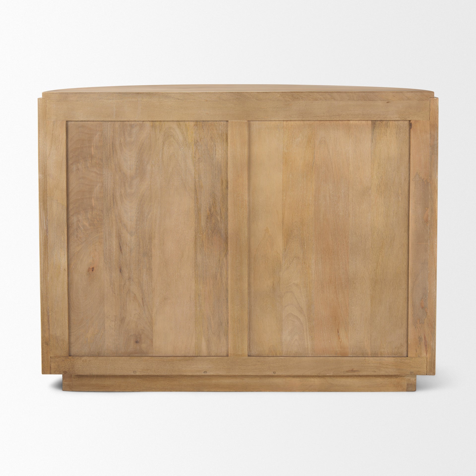 Back view of the light natural Eleanor mango wood accent cabinet showing a flat, finished rear panel.