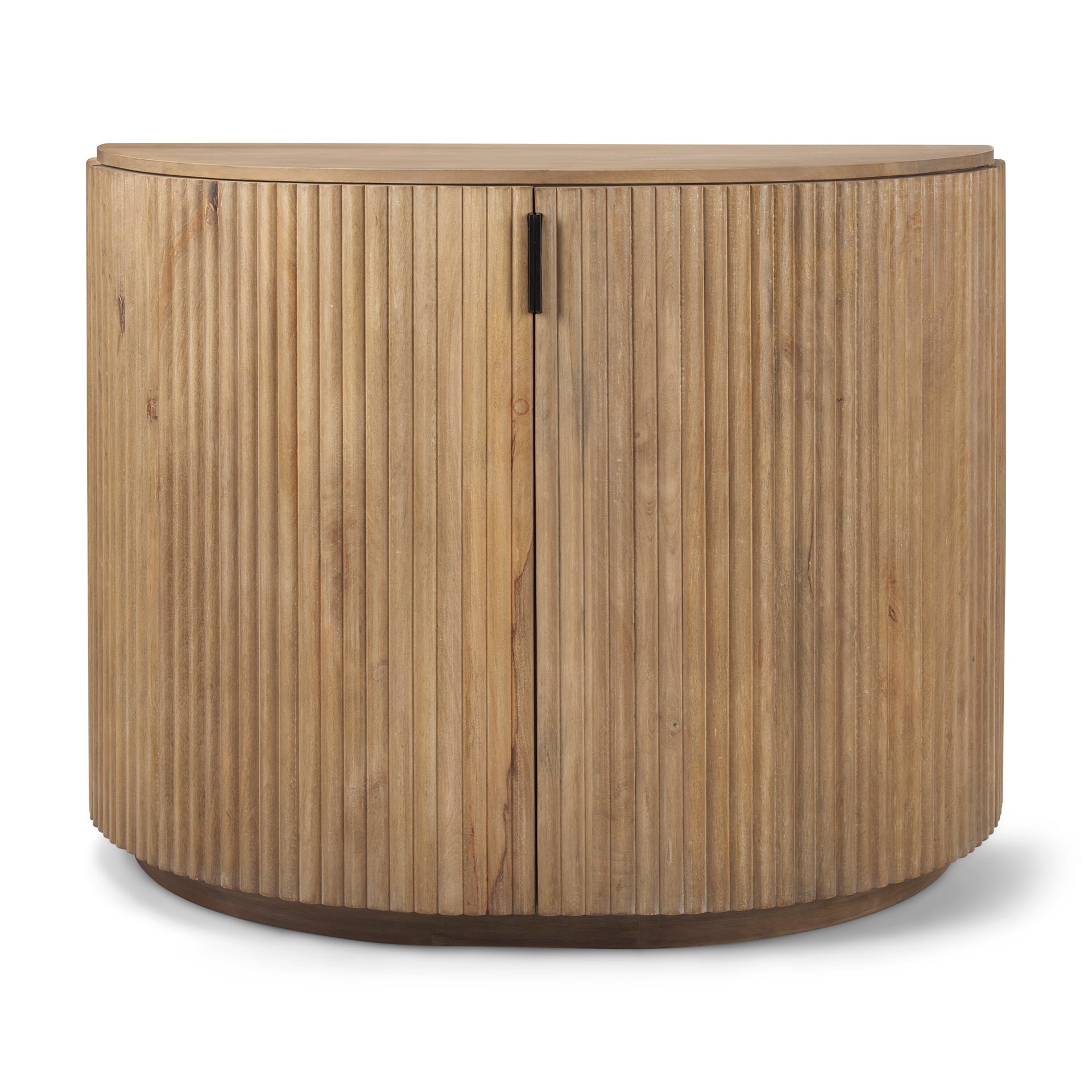 Full front view of the Eleanor natural light mango wood accent cabinet featuring two fluted doors and a curved shape.