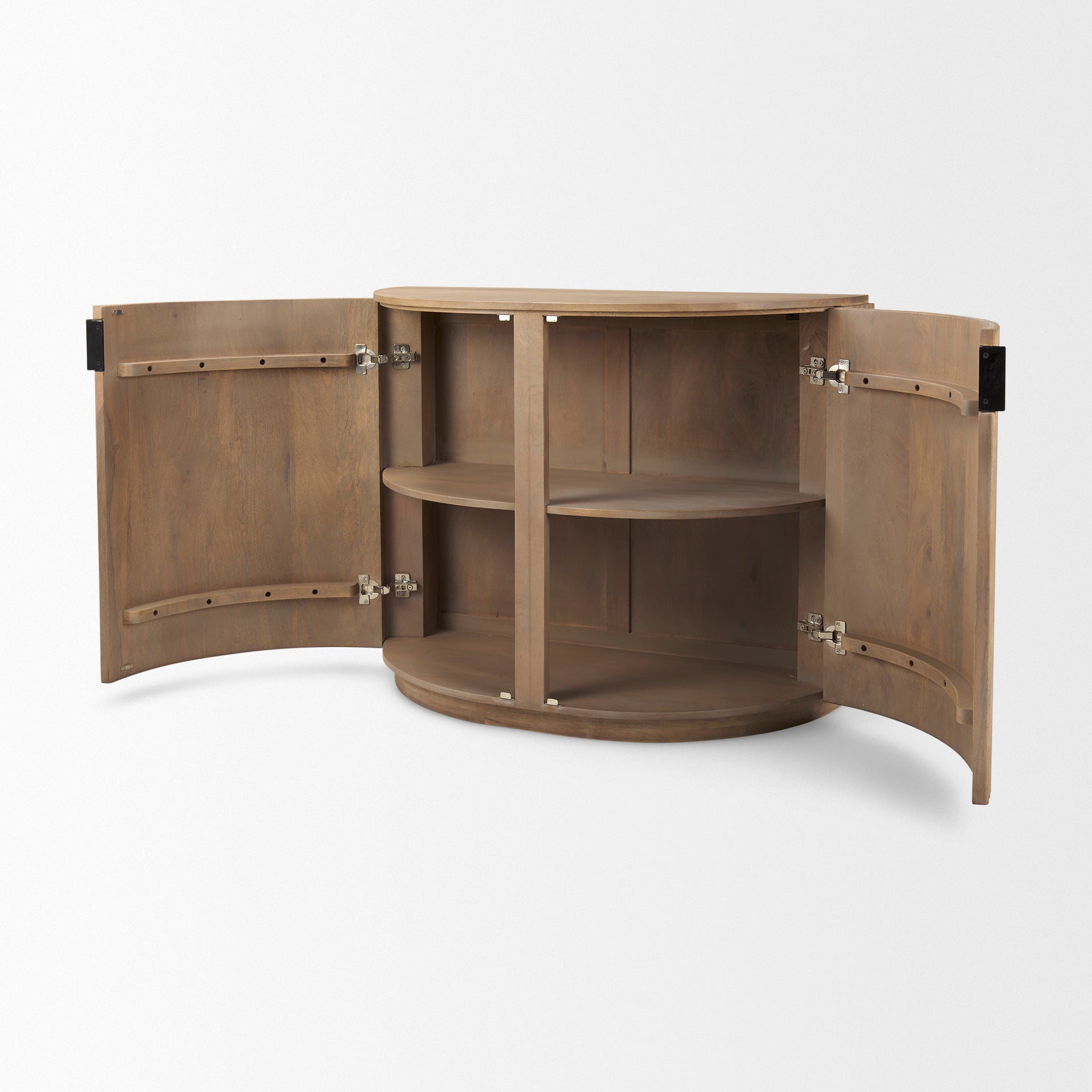 The Eleanor light natural wood accent cabinet with its two curved doors open, revealing a fixed interior storage shelf.