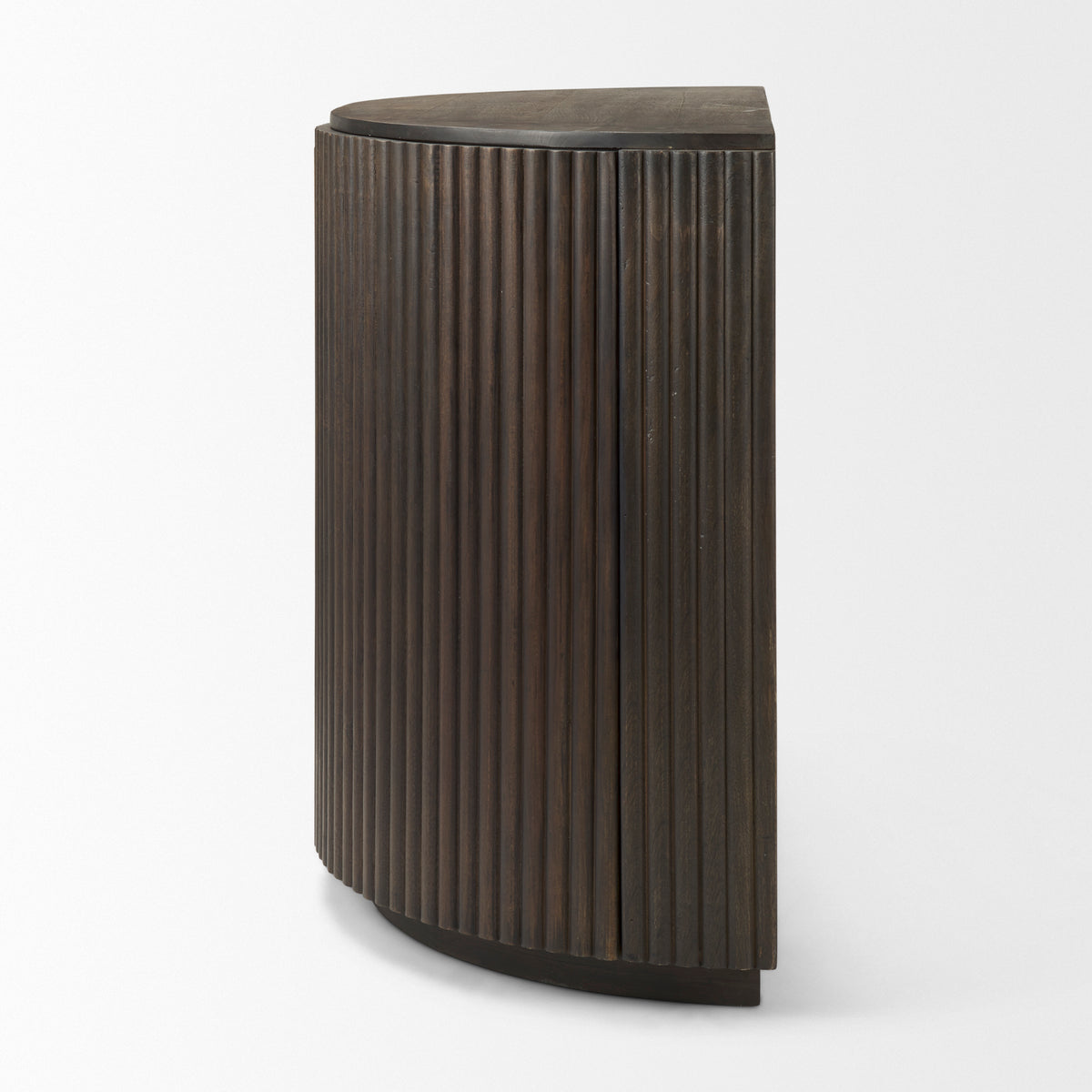 Side profile view of the Eleanor fluted accent cabinet highlighting its elegant curved half-moon shape