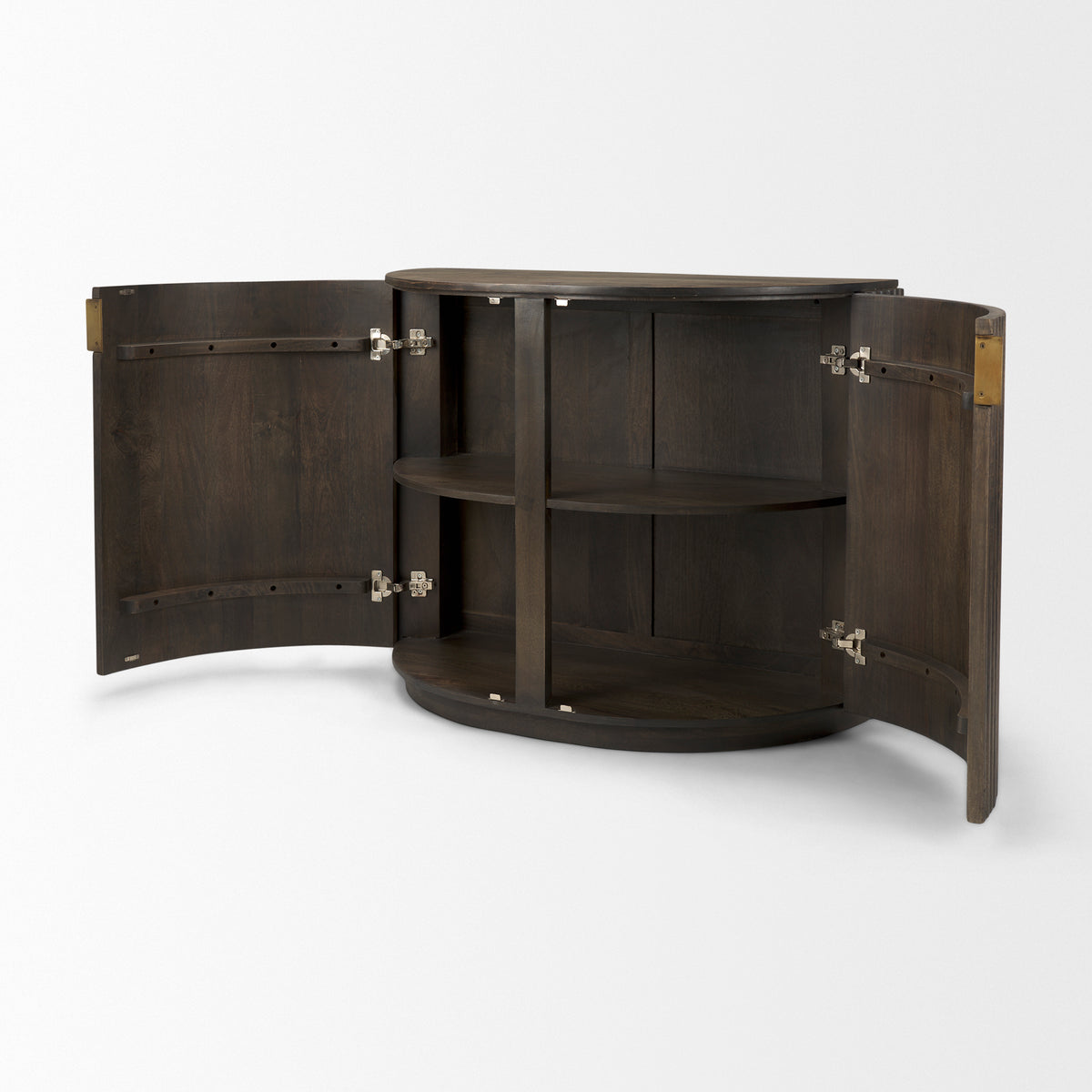 Eleanor dark wood accent cabinet with its two curved doors open, revealing a fixed interior storage shelf