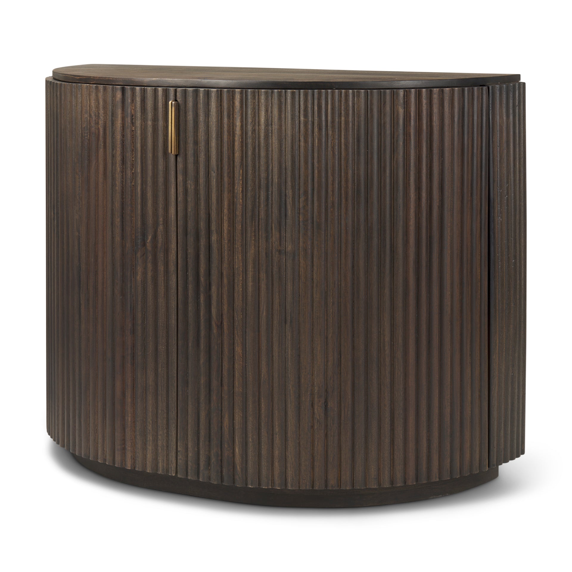 Angled view of the closed Eleanor dark mango wood accent cabinet featuring fluted details and brass pulls.