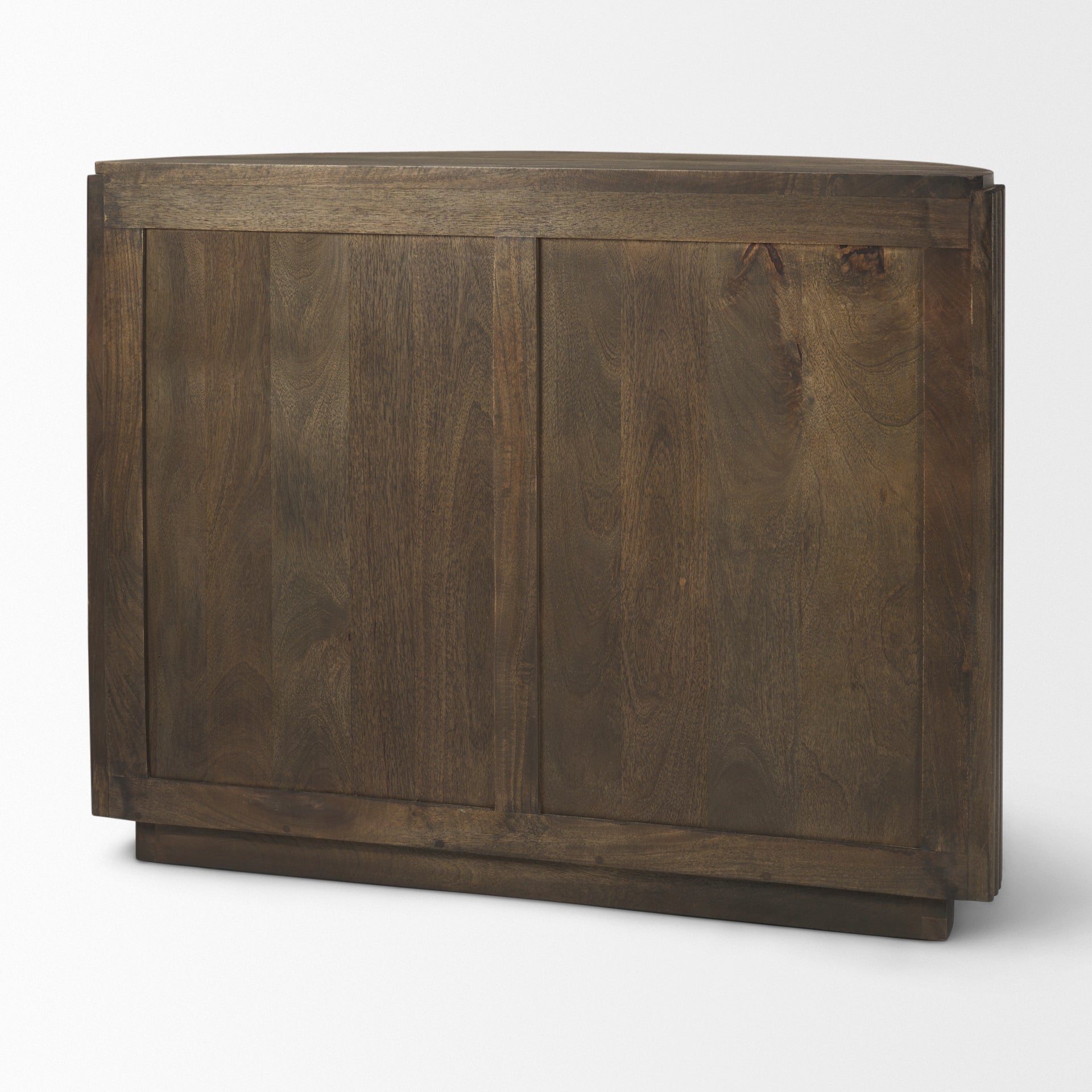 Back view of the dark brown Eleanor mango wood accent cabinet showing a flat, finished rear panel.