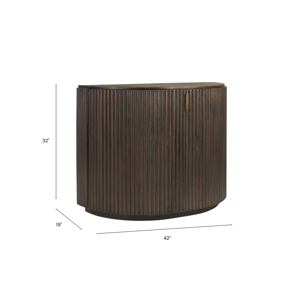 Wooden accent cabinet with dimension on a white background.