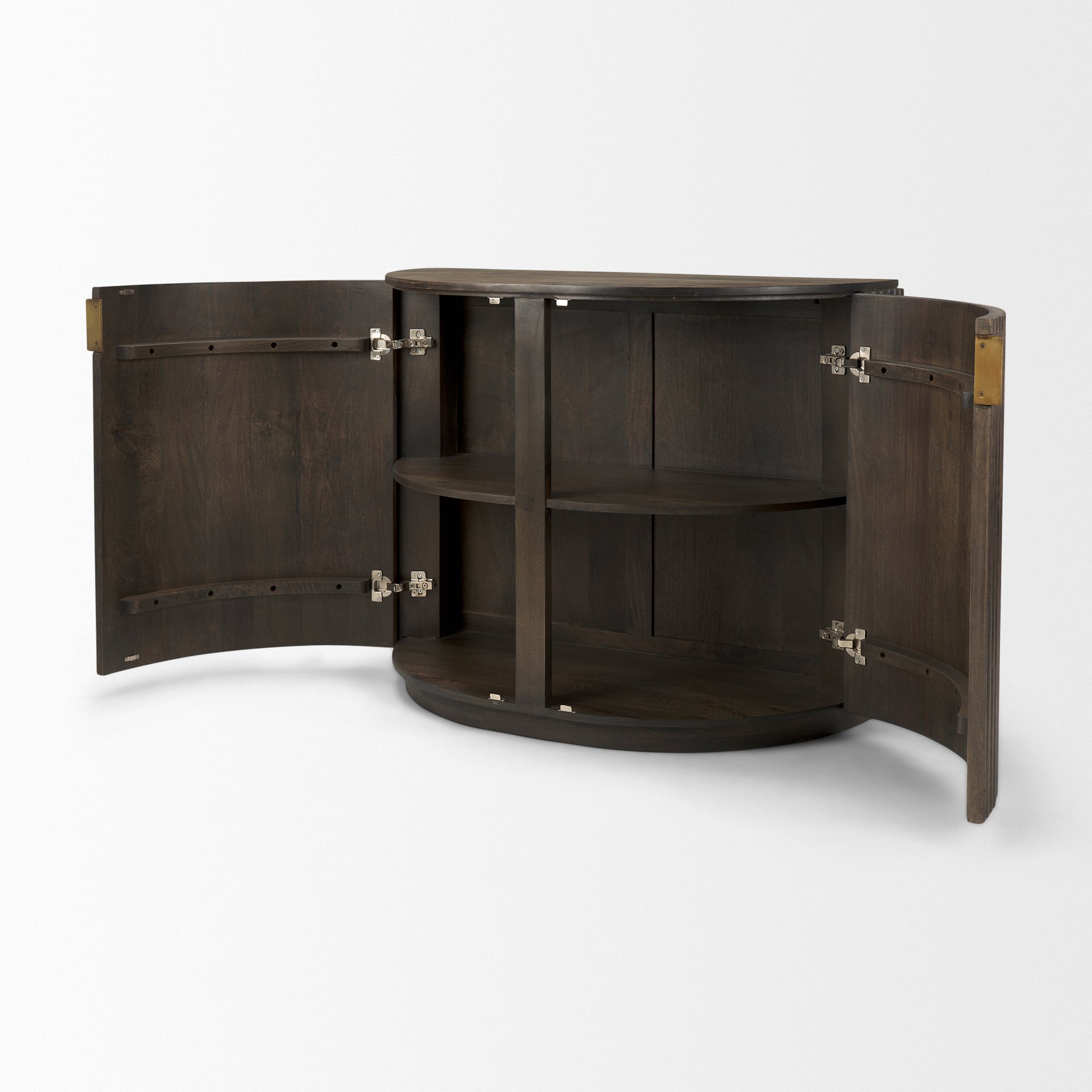 The Eleanor dark wood accent cabinet with its two curved doors open, revealing a fixed interior storage shelf.