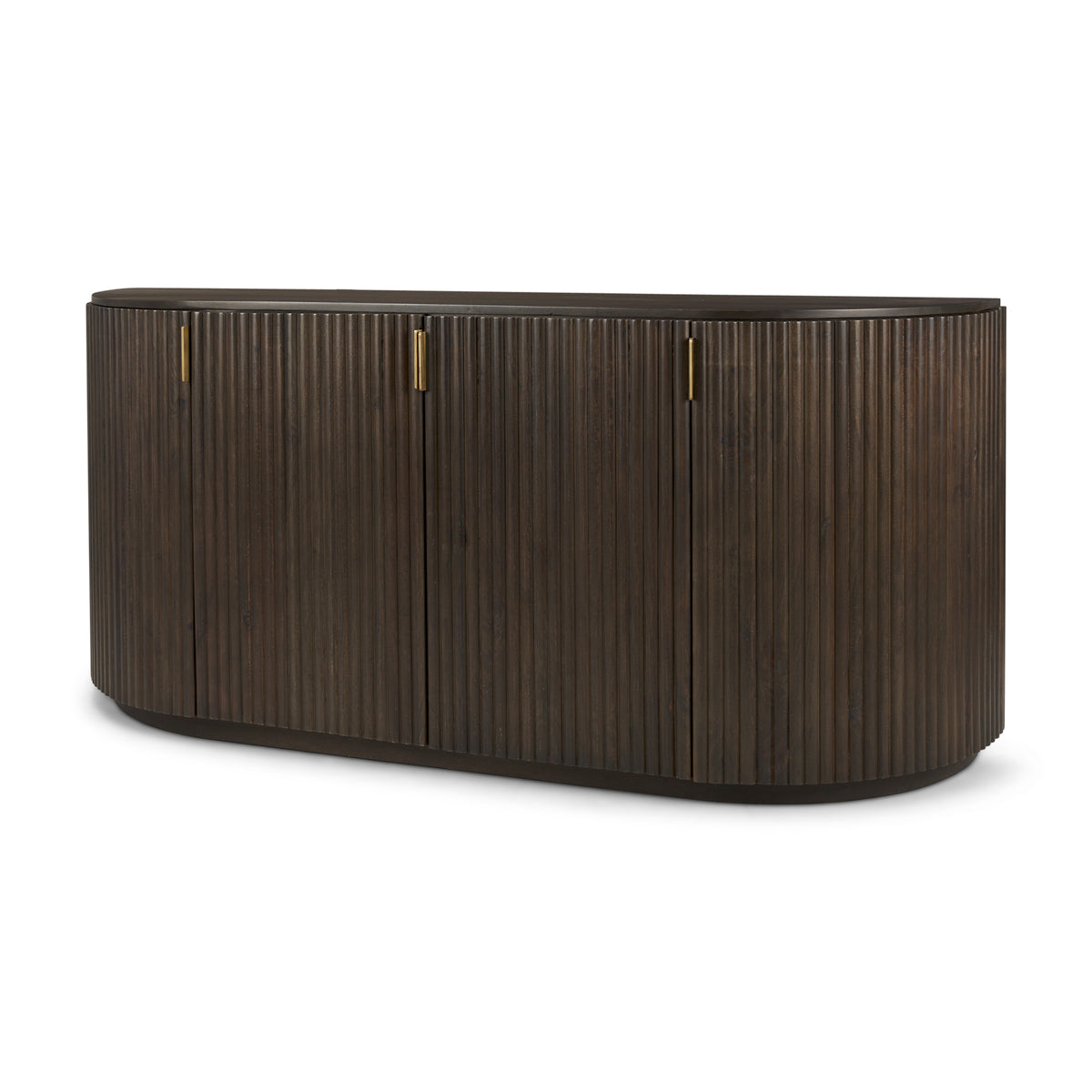 Angled full view of the closed Eleanor mango wood sideboard with fluted detailing and brass pulls