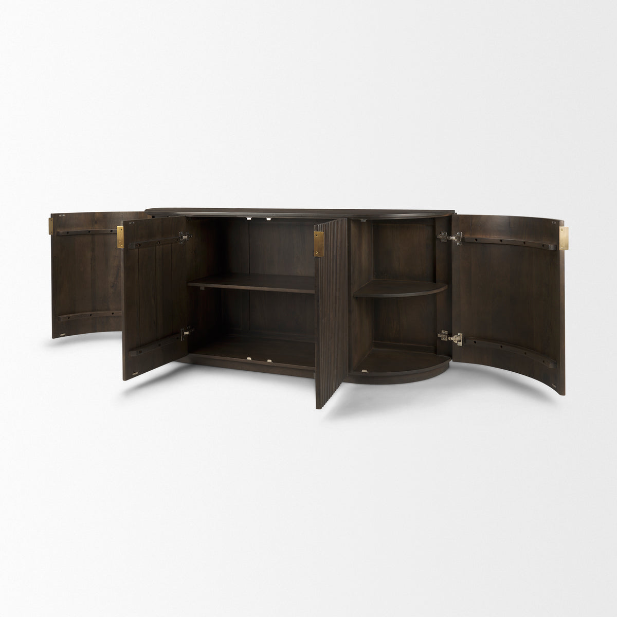Eleanor mango wood sideboard with its four fluted doors open, revealing spacious interior storage shelves