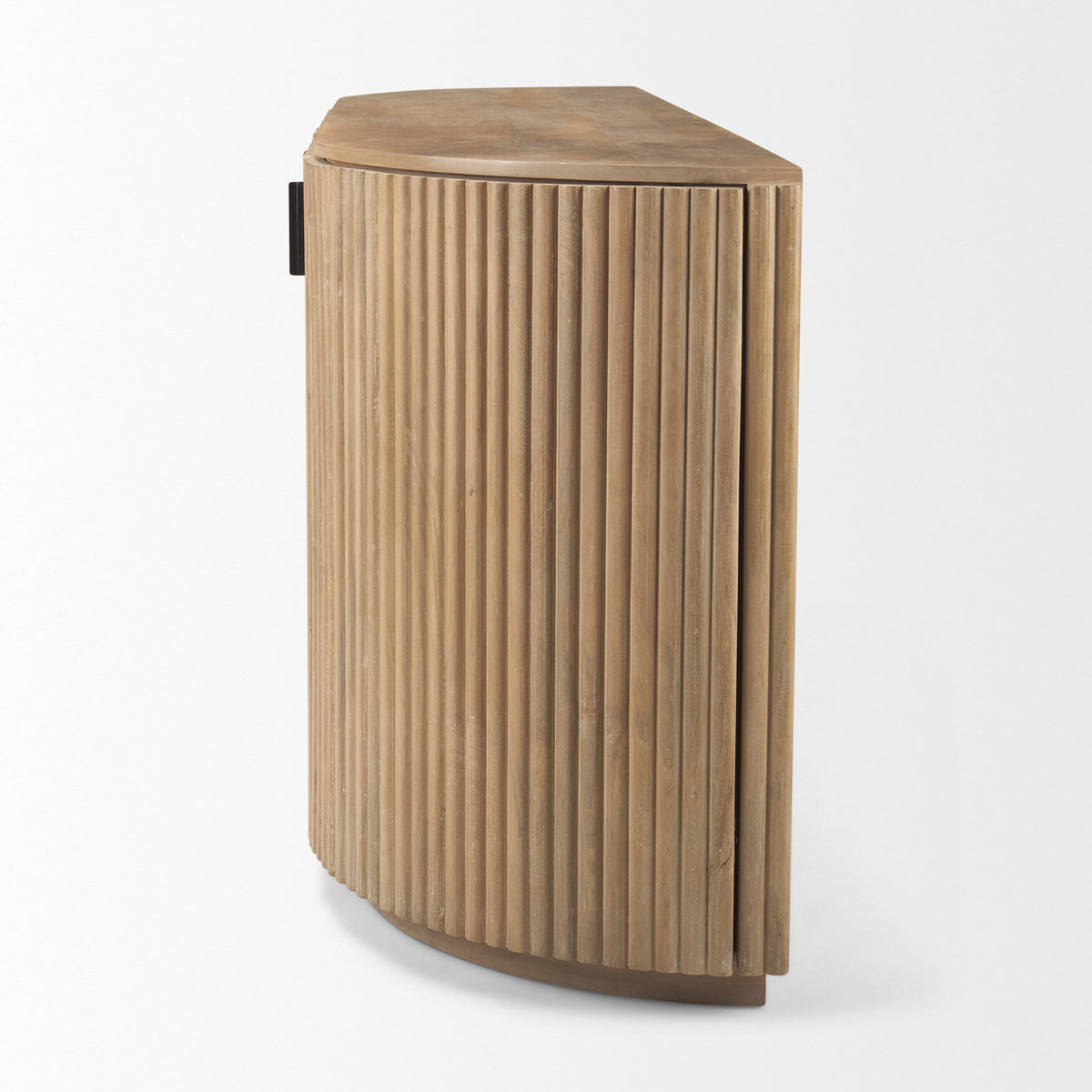 Side profile view of the Eleanor fluted sideboard emphasizing its elegant curved ends and natural wood finish