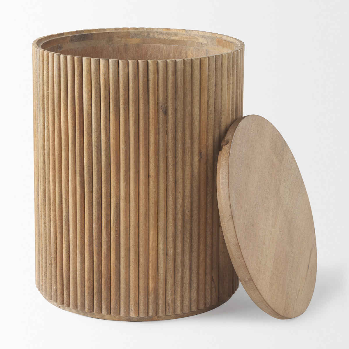 The Eleanor fluted wood side table with its round lid removed, revealing the hidden interior storage space.
