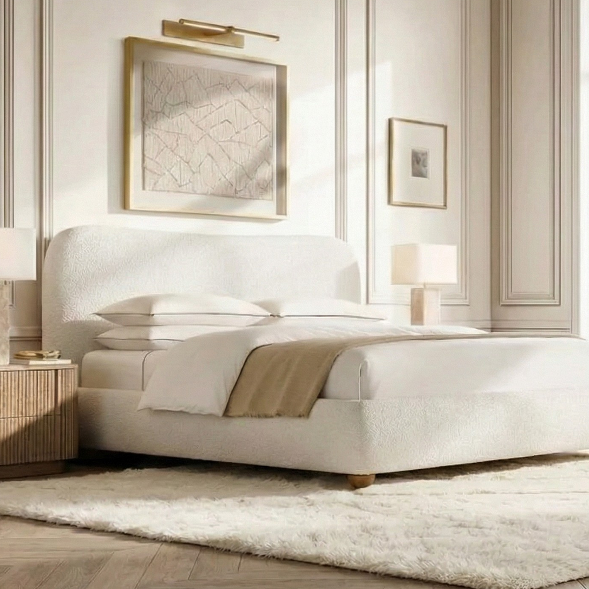 Elias Oak Nightstand styled beside a white upholstered bed in a bright bedroom