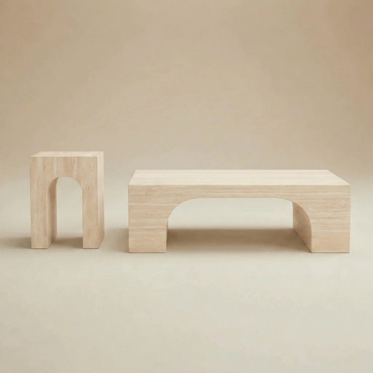 Two light wood benches on a beige background