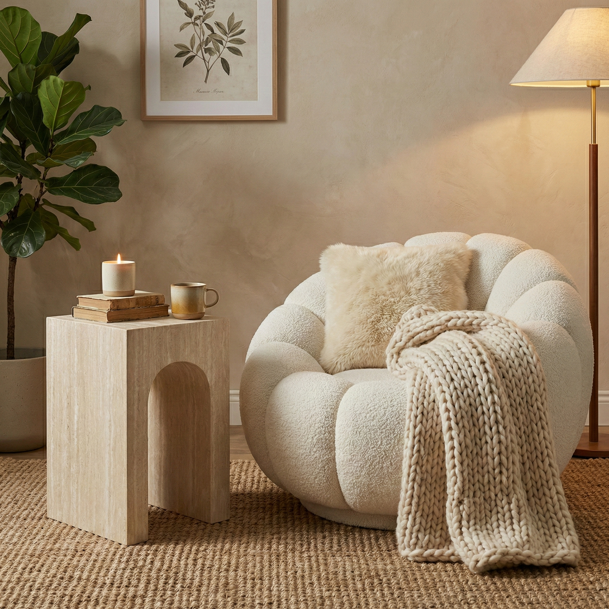 Cozy living room with a boucle swivel armchair, side table, and decorative elements.