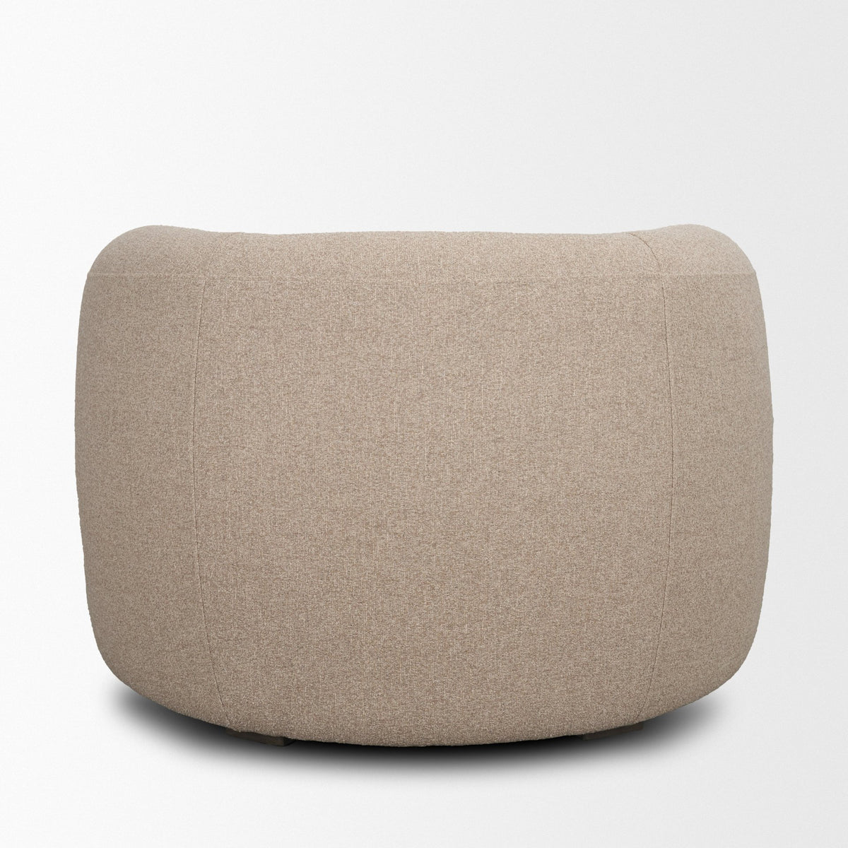Full back view of the Elodie barrel chair showcasing the seamless dark beige textured upholstery.