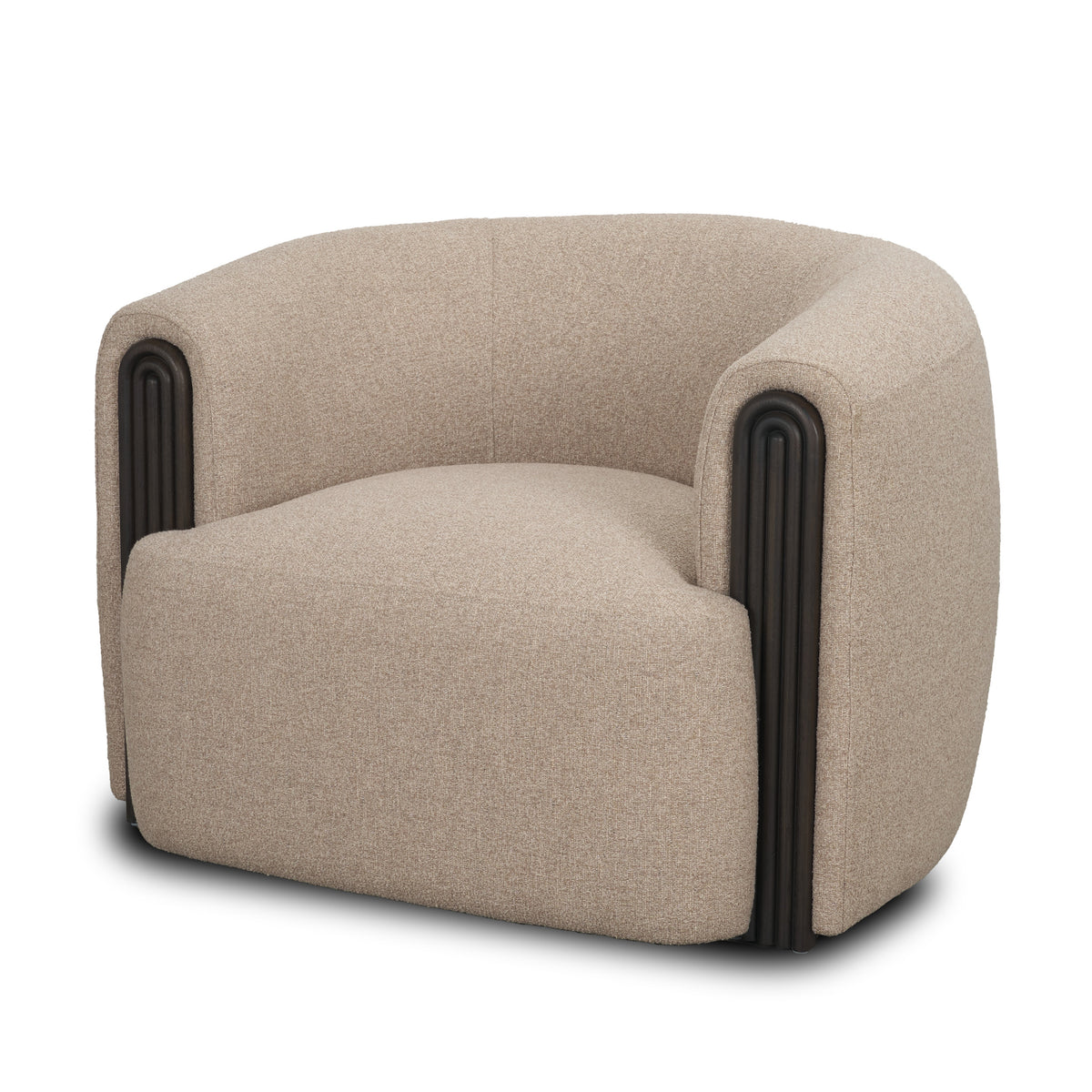Angled studio view of the Elodie barrel chair highlighting the contrast between the dark beige upholstery and black wood detailing.