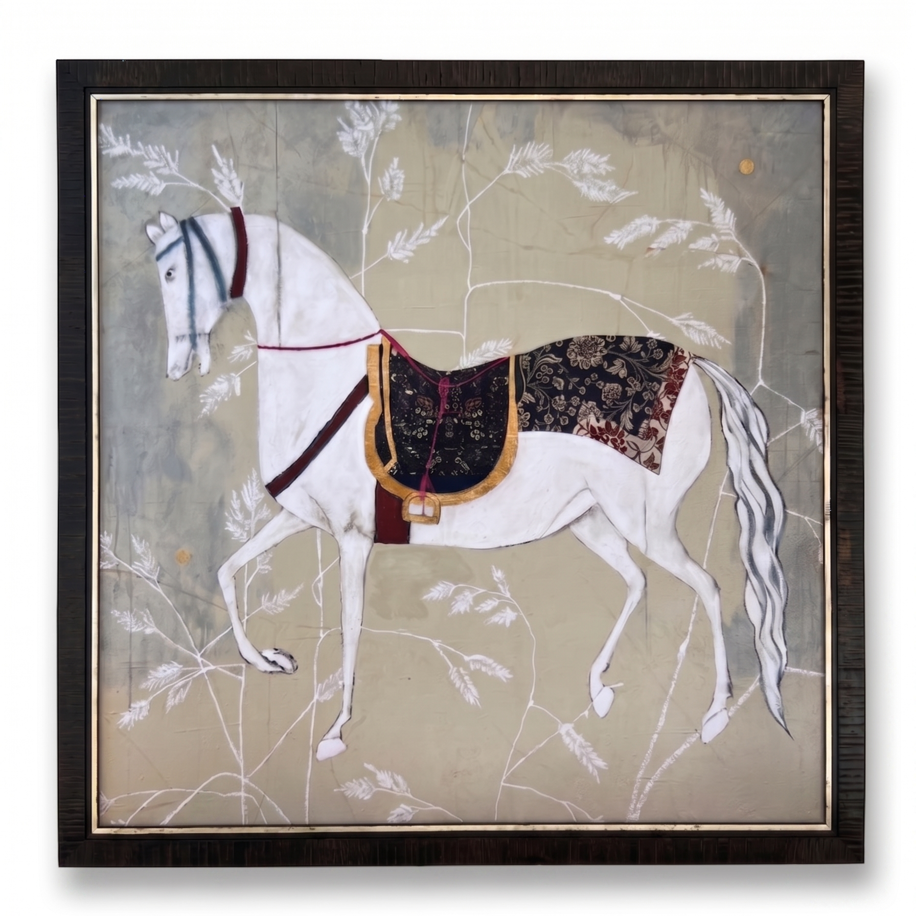 Framed artwork of a white horse with a dark saddle on a beige background