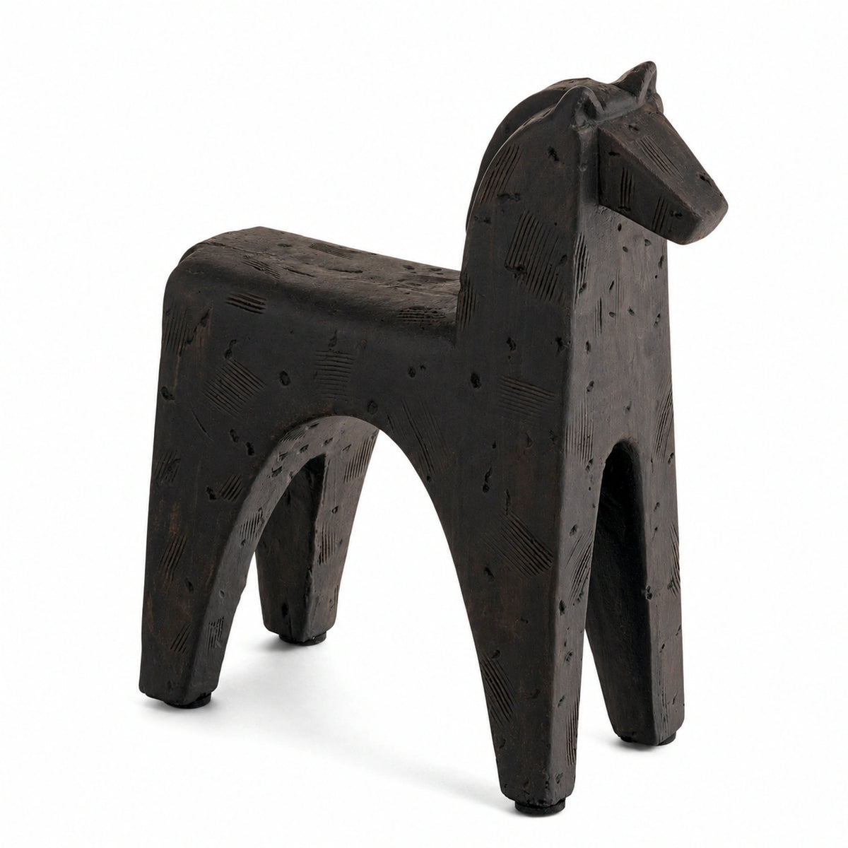 Equus textured black-brown horse sculpture with a hand-hewn finish on a white background.