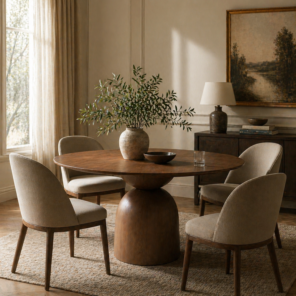 Dining room with wooden table and chairs, vase with greenery, and lamp.