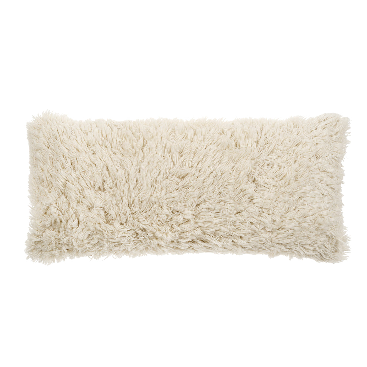 Beige fluffy rectangular pillow on a white background