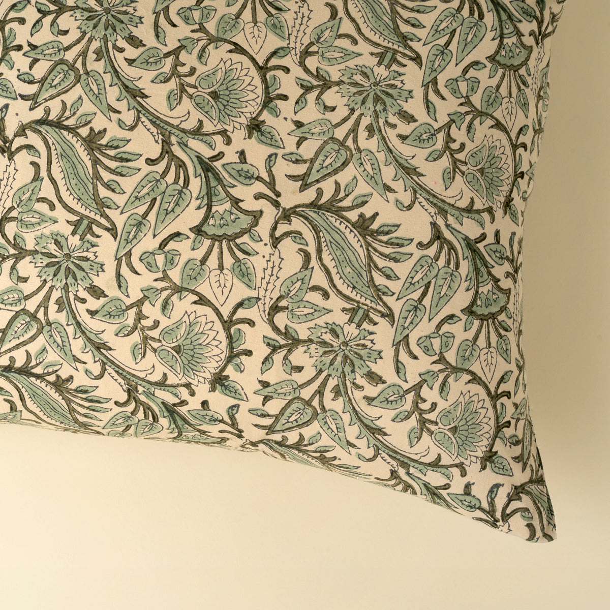 Fern Block Print Pillow – decorative pillow with green floral pattern on beige background