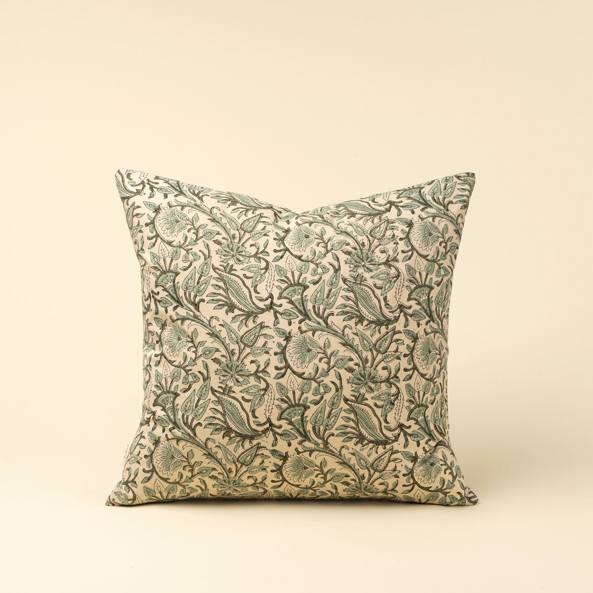 Fern Block Print Pillow – decorative pillow with floral pattern on a beige background