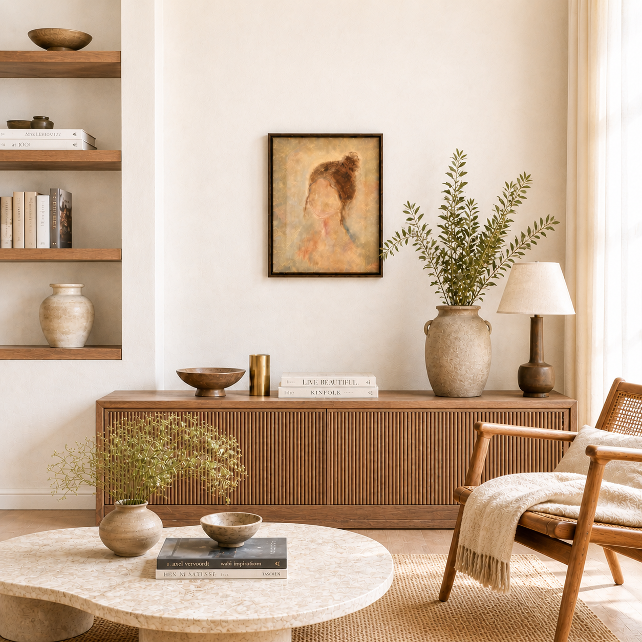 Cozy living room with wooden furniture, a round stone table, and decorative items.