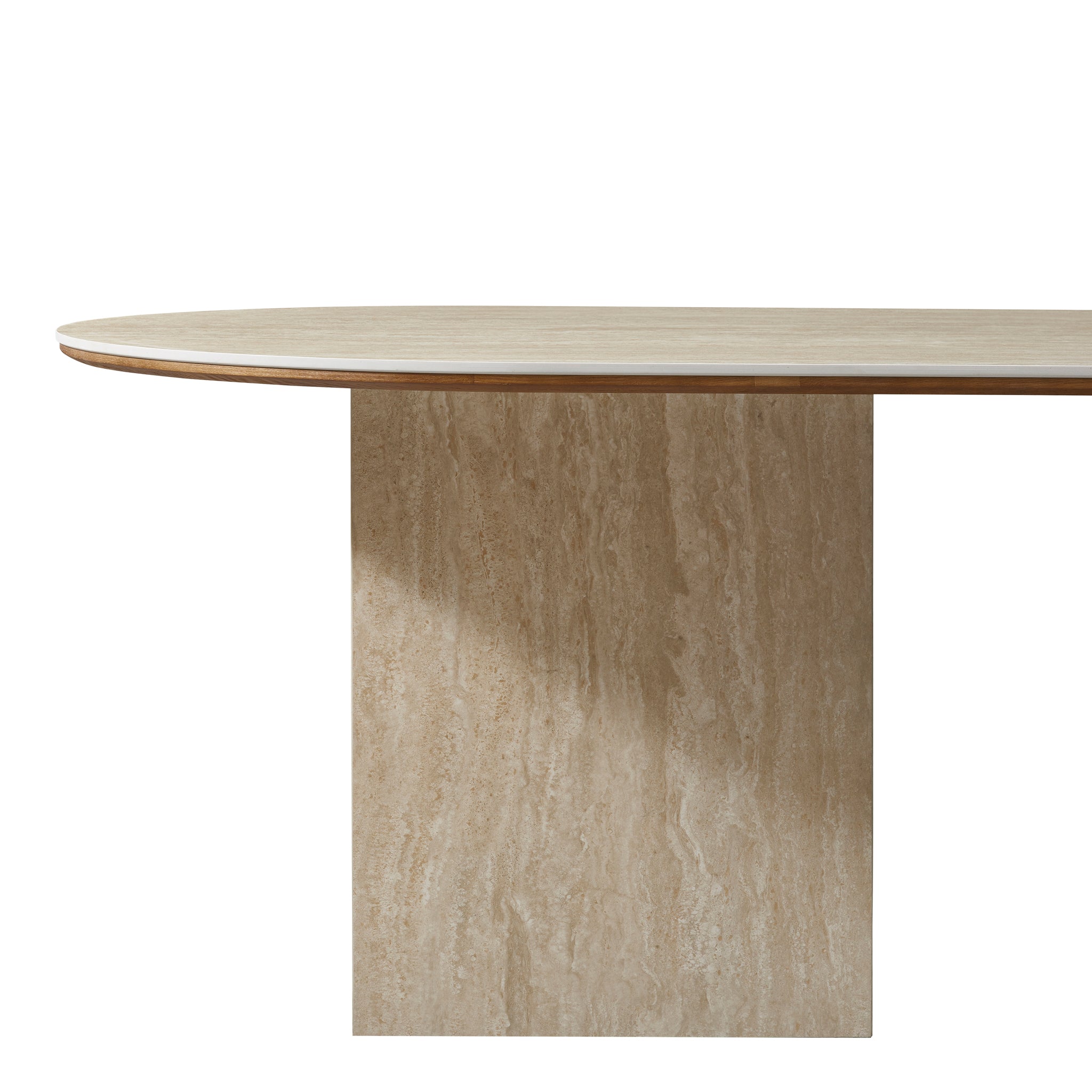 Natural Travertine stone base side view of the Gianna dining table with oval top and dual wood pedestal base on beige studio background