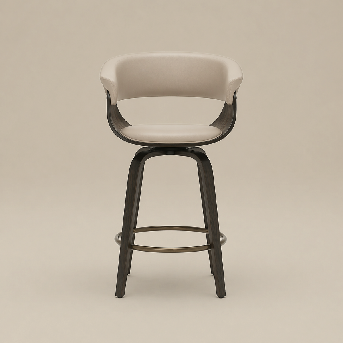 Front view of the mushroom Halo Swivel Counter Stool with a curved seat and dark wood frame